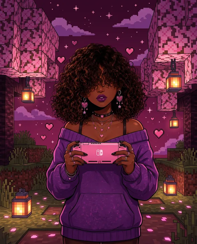 The Pretty Pixel Play creator holding a pink handheld console in a cherry blossom grove at night