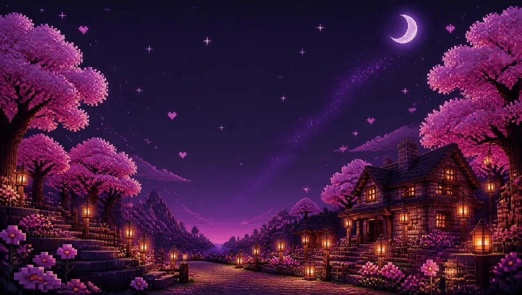 Pixel-art cherry blossom grove at night with lanterns and a cozy cottage